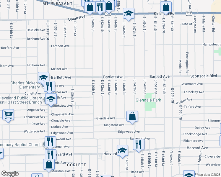 map of restaurants, bars, coffee shops, grocery stores, and more near 3817 East 143rd Street in Cleveland