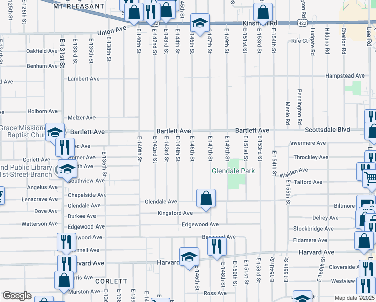 map of restaurants, bars, coffee shops, grocery stores, and more near 3790 East 146th Street in Cleveland