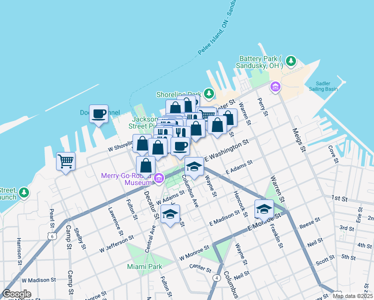 map of restaurants, bars, coffee shops, grocery stores, and more near 158 East Market Street in Sandusky
