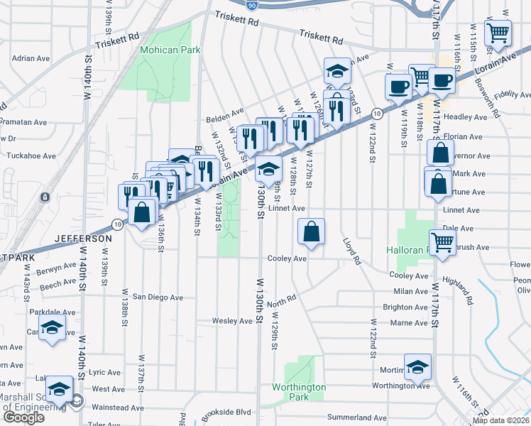 map of restaurants, bars, coffee shops, grocery stores, and more near 3589 West 130th Street in Cleveland