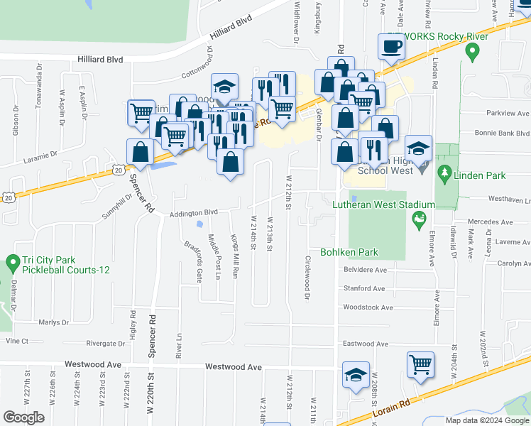 map of restaurants, bars, coffee shops, grocery stores, and more near 3780 West 213th Street in Fairview Park