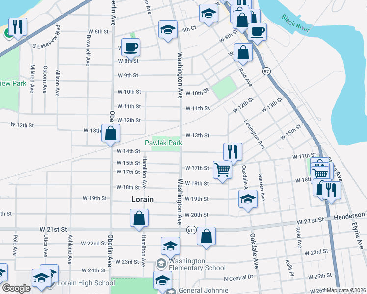 map of restaurants, bars, coffee shops, grocery stores, and more near 941 West 13th Street in Lorain
