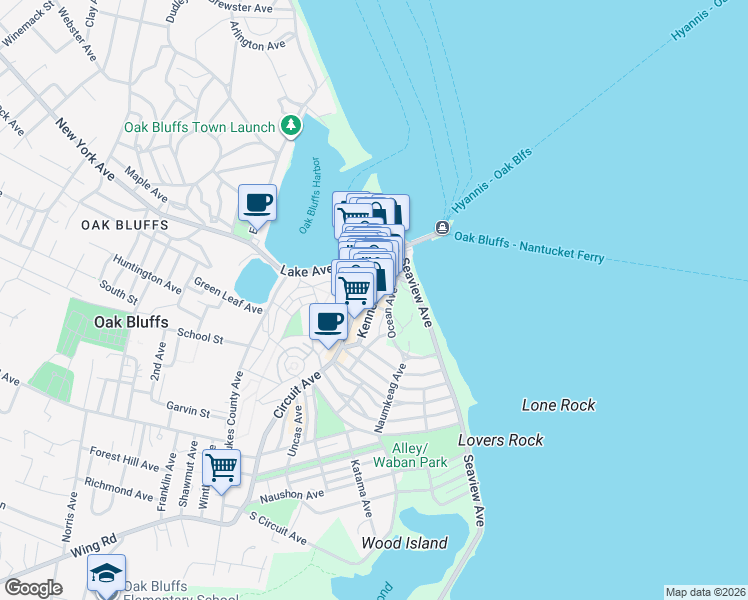 map of restaurants, bars, coffee shops, grocery stores, and more near 29 Kennebec Avenue in Oak Bluffs