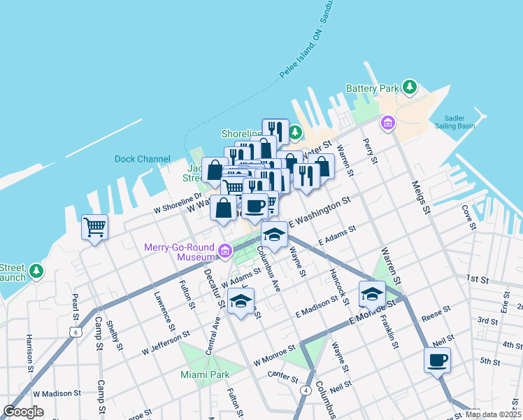 map of restaurants, bars, coffee shops, grocery stores, and more near 158 East Market Street in Sandusky