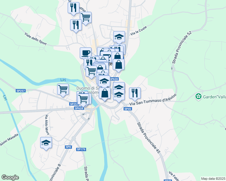 map of restaurants, bars, coffee shops, grocery stores, and more near 58 Strada Provinciale Leuciana in Pontecorvo