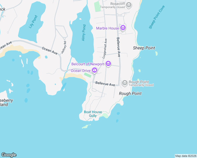 map of restaurants, bars, coffee shops, grocery stores, and more near 233 Coggeshall Avenue in Newport