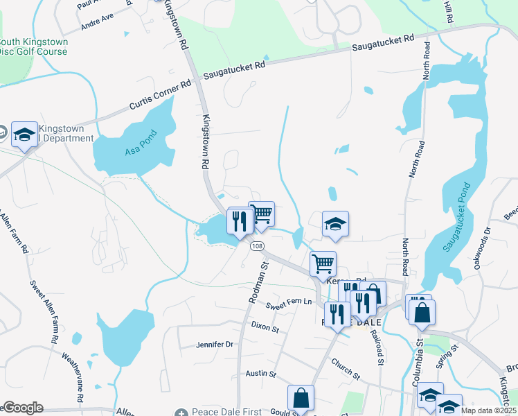 map of restaurants, bars, coffee shops, grocery stores, and more near 20 Susan Circle in South Kingstown