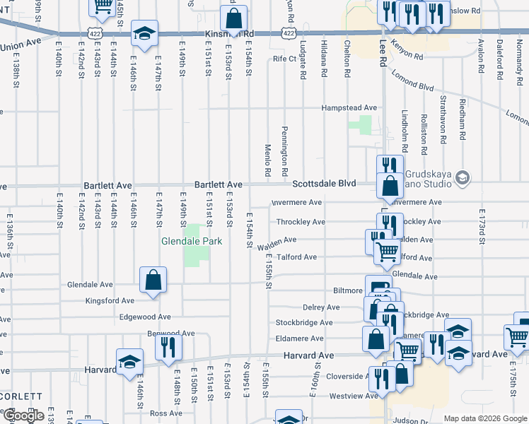 map of restaurants, bars, coffee shops, grocery stores, and more near 15509 Invermere Avenue in Cleveland