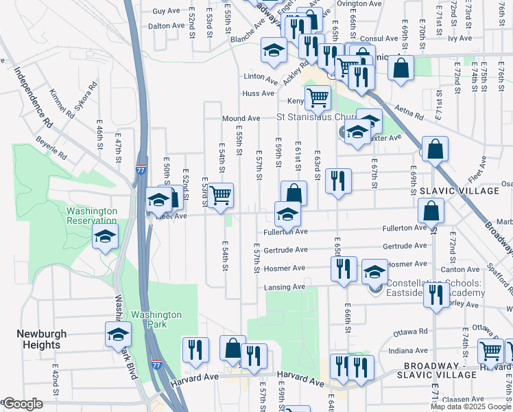 map of restaurants, bars, coffee shops, grocery stores, and more near 3727 East 57th Street in Cleveland