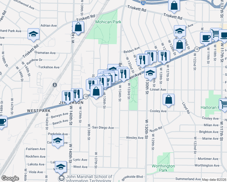 map of restaurants, bars, coffee shops, grocery stores, and more near in Cleveland