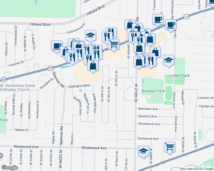 map of restaurants, bars, coffee shops, grocery stores, and more near 21260 Addington Boulevard in Fairview Park