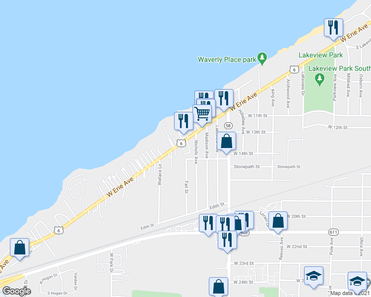 map of restaurants, bars, coffee shops, grocery stores, and more near 2733 U.S. 6 in Lorain