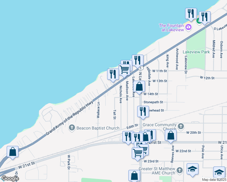 map of restaurants, bars, coffee shops, grocery stores, and more near 2733 U.S. 6 in Lorain