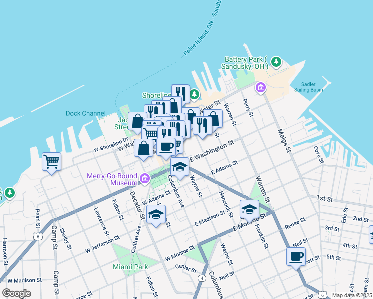 map of restaurants, bars, coffee shops, grocery stores, and more near 160 Wayne Street in Sandusky