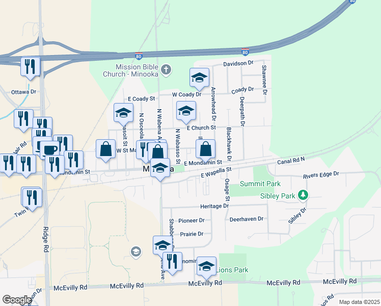 map of restaurants, bars, coffee shops, grocery stores, and more near 203 Illini Drive in Minooka