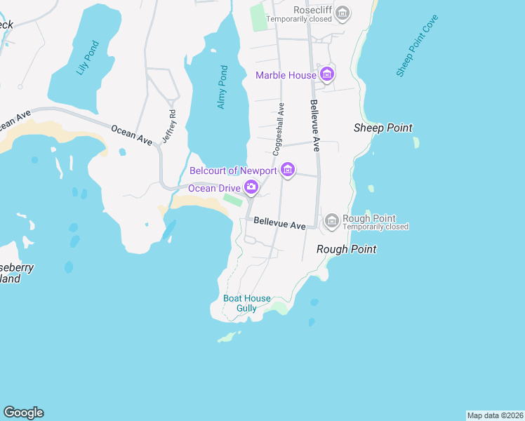 map of restaurants, bars, coffee shops, grocery stores, and more near 233 Coggeshall Avenue in Newport