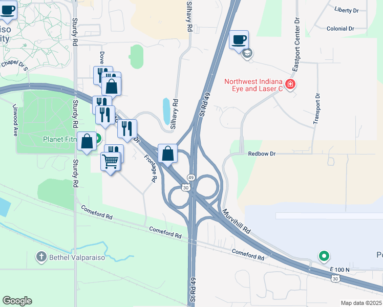 map of restaurants, bars, coffee shops, grocery stores, and more near Indiana 49 in Valparaiso