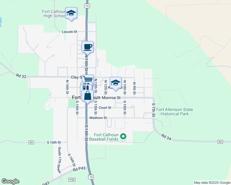 map of restaurants, bars, coffee shops, grocery stores, and more near 1120 Monroe Street in Fort Calhoun