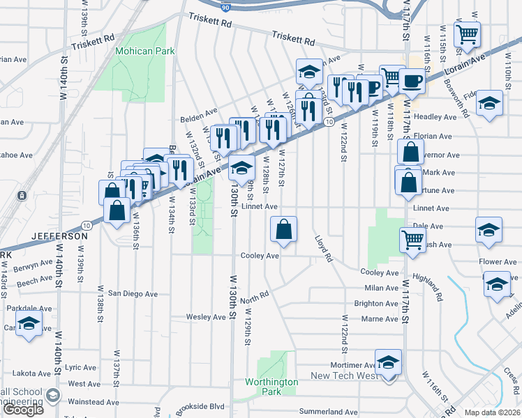 map of restaurants, bars, coffee shops, grocery stores, and more near 3517 West 129th Street in Cleveland