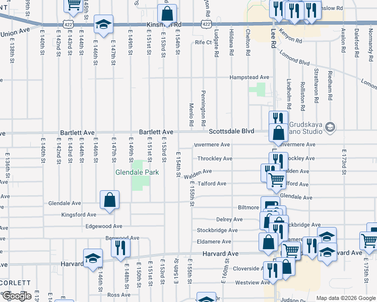 map of restaurants, bars, coffee shops, grocery stores, and more near 15509 Invermere Avenue in Cleveland