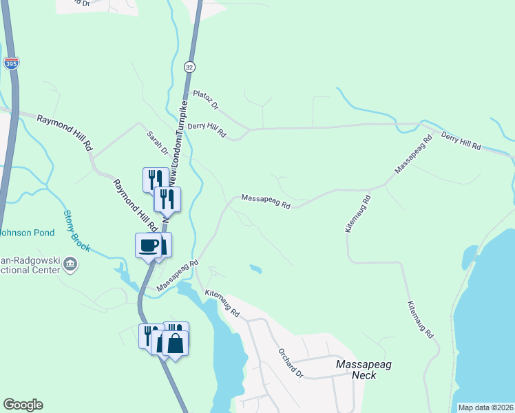 map of restaurants, bars, coffee shops, grocery stores, and more near 127 Massapeag Road in Montville
