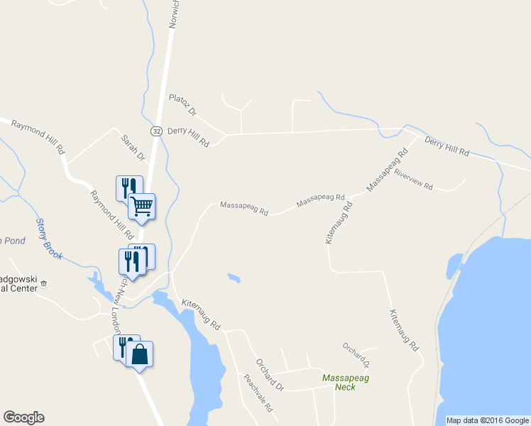 map of restaurants, bars, coffee shops, grocery stores, and more near 127 Massapeag Road in Montville