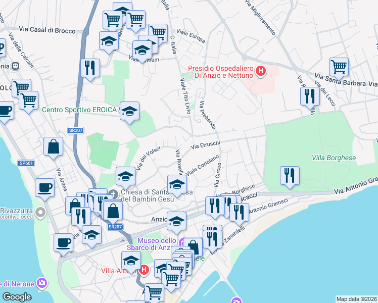 map of restaurants, bars, coffee shops, grocery stores, and more near 30 Via Roselle in Anzio