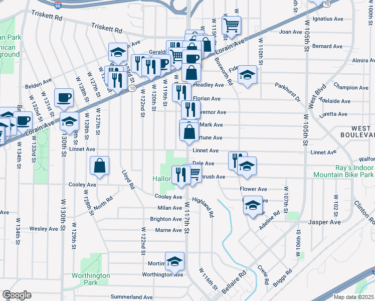 map of restaurants, bars, coffee shops, grocery stores, and more near W 117th St & Linnet Ave in Cleveland