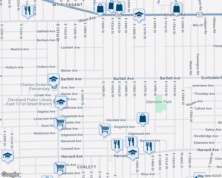 map of restaurants, bars, coffee shops, grocery stores, and more near 3788 East 142nd Street in Cleveland