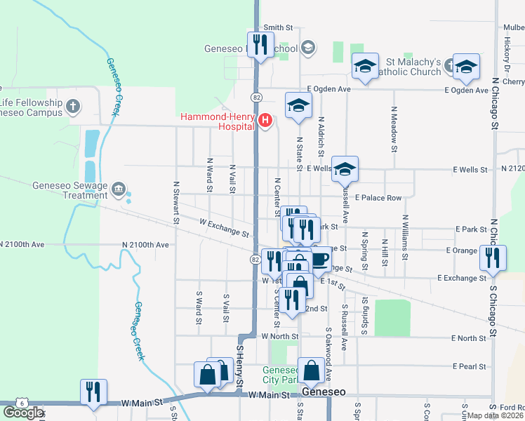 map of restaurants, bars, coffee shops, grocery stores, and more near 201-299 West Palace Row in Geneseo