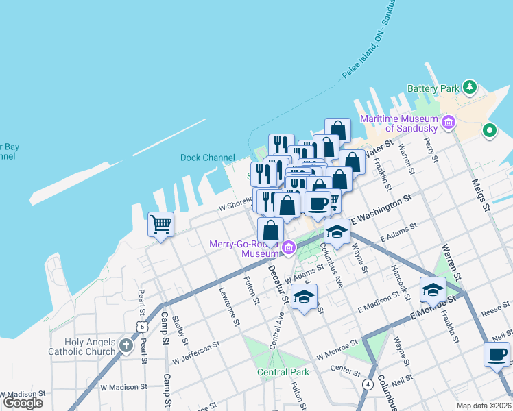 map of restaurants, bars, coffee shops, grocery stores, and more near 300 West Shoreline Drive in Sandusky
