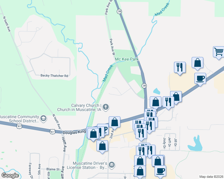 map of restaurants, bars, coffee shops, grocery stores, and more near 3122 Peartree Lane in Muscatine