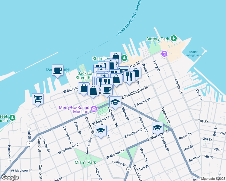 map of restaurants, bars, coffee shops, grocery stores, and more near 160 Wayne Street in Sandusky