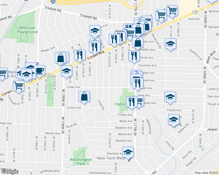 map of restaurants, bars, coffee shops, grocery stores, and more near West 122nd Street in Cleveland