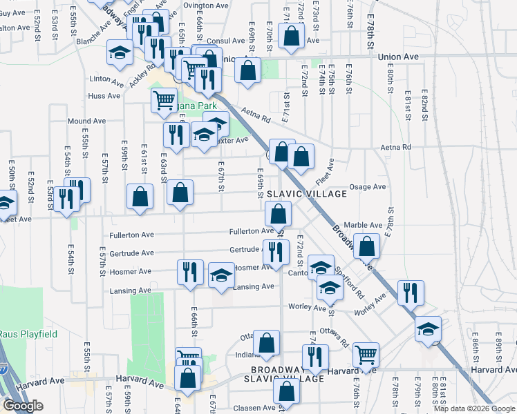 map of restaurants, bars, coffee shops, grocery stores, and more near 3728 East 69th Street in Cleveland