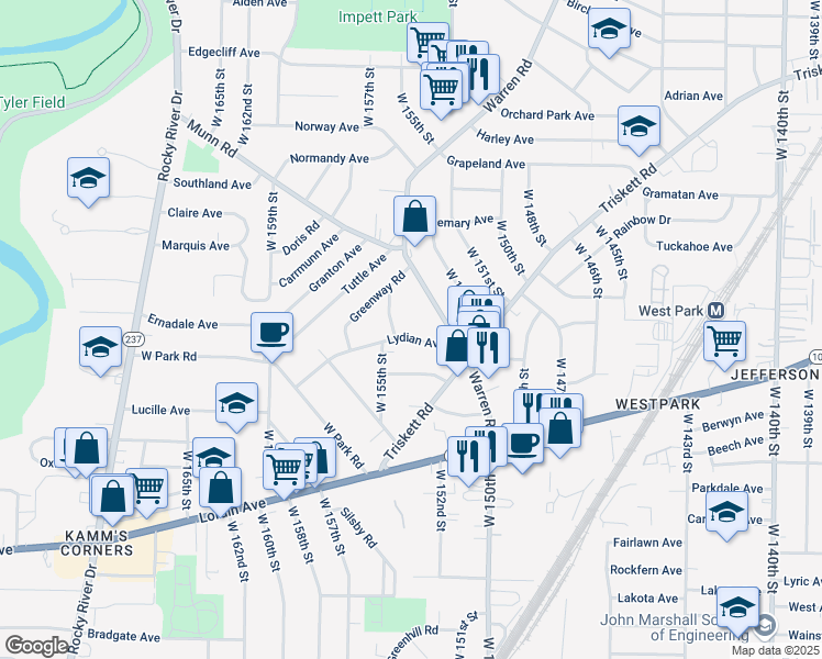 map of restaurants, bars, coffee shops, grocery stores, and more near 3582 Warren Road in Cleveland