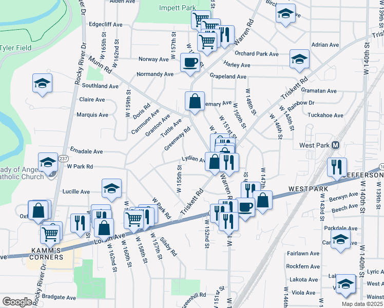 map of restaurants, bars, coffee shops, grocery stores, and more near 3582 Warren Road in Cleveland