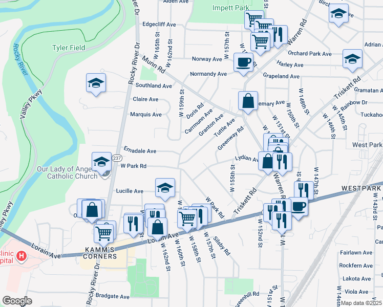map of restaurants, bars, coffee shops, grocery stores, and more near 3516 Tuttle Avenue in Cleveland