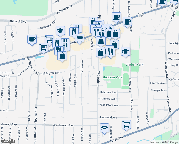 map of restaurants, bars, coffee shops, grocery stores, and more near 3704 Addington Court in Fairview Park