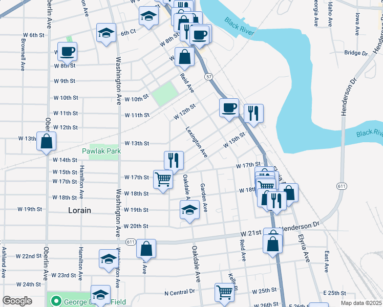 map of restaurants, bars, coffee shops, grocery stores, and more near 440 West 14th Street in Lorain