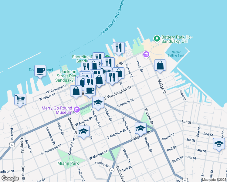 map of restaurants, bars, coffee shops, grocery stores, and more near 235 Franklin Street in Sandusky