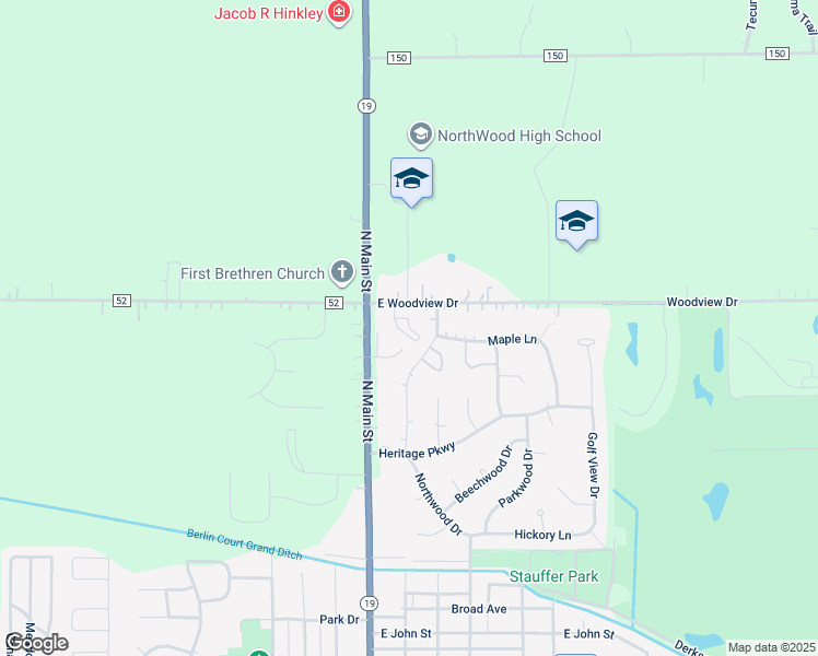 map of restaurants, bars, coffee shops, grocery stores, and more near 301 East Woodview Drive in Nappanee