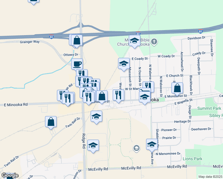 map of restaurants, bars, coffee shops, grocery stores, and more near 465-485 West Saint Mary's Street in Minooka