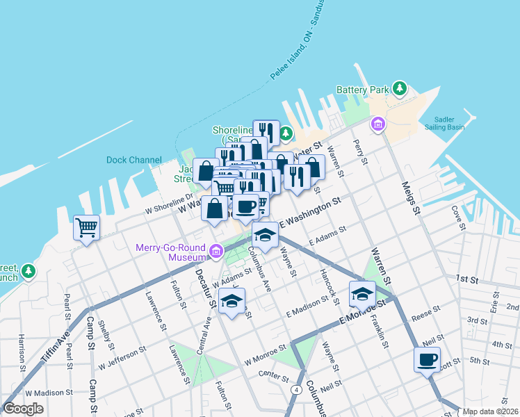 map of restaurants, bars, coffee shops, grocery stores, and more near 174 East Market Street in Sandusky