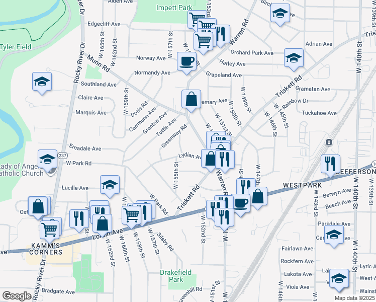 map of restaurants, bars, coffee shops, grocery stores, and more near 3582 Warren Road in Cleveland
