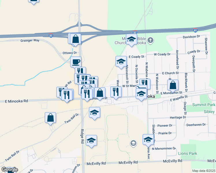 map of restaurants, bars, coffee shops, grocery stores, and more near 465 West Saint Mary's Street in Minooka