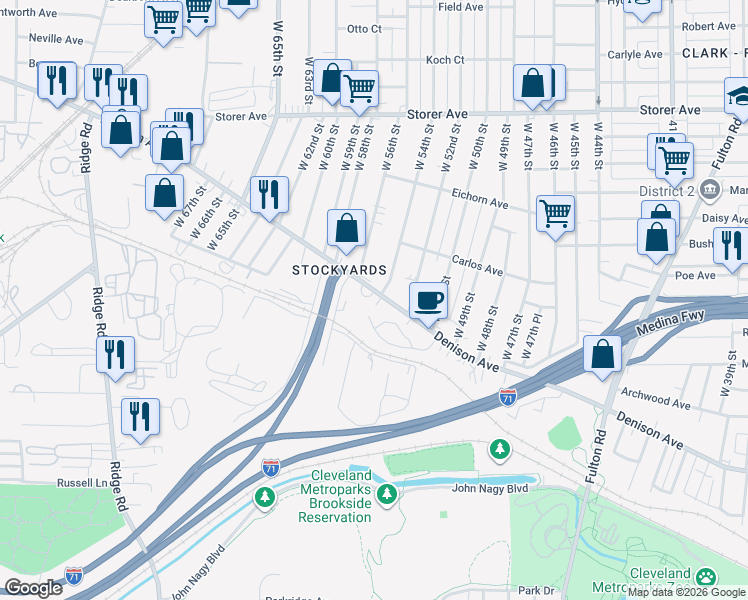 map of restaurants, bars, coffee shops, grocery stores, and more near 5500 Denison Avenue in Cleveland