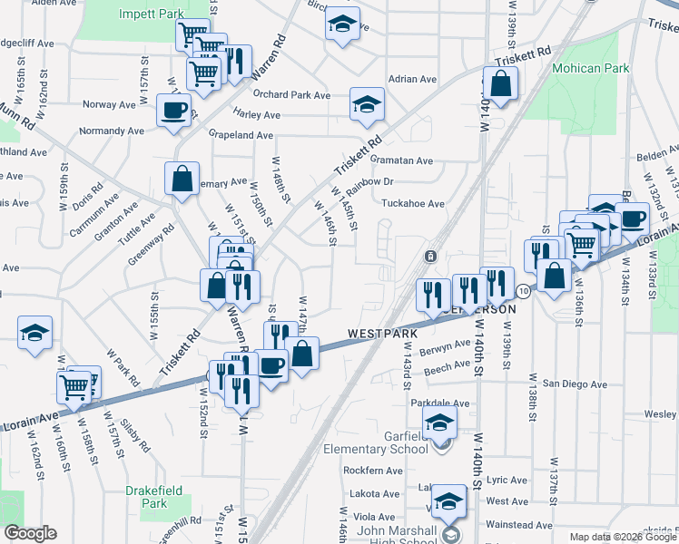 map of restaurants, bars, coffee shops, grocery stores, and more near 14505 Caldwell Avenue in Cleveland