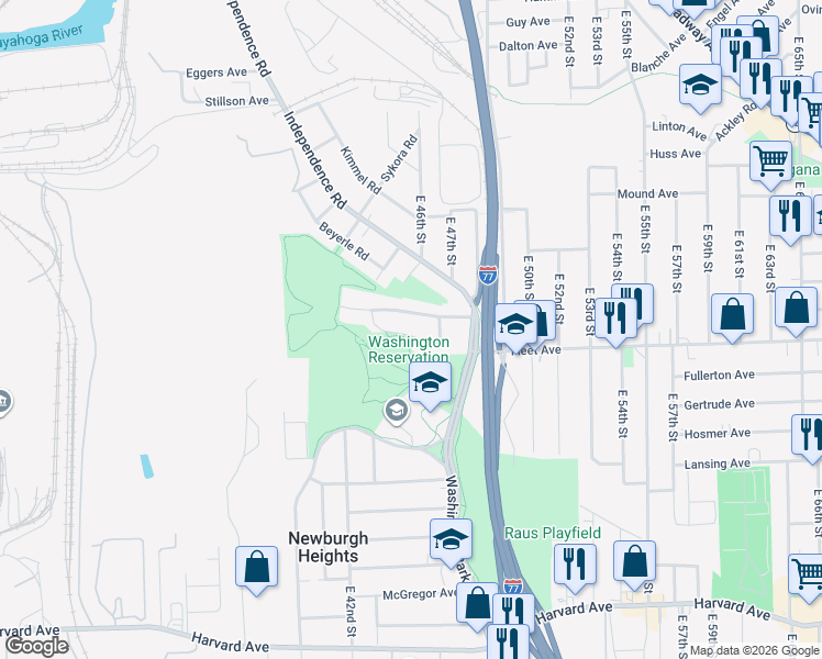 map of restaurants, bars, coffee shops, grocery stores, and more near 4409 Cullen Drive in Cleveland