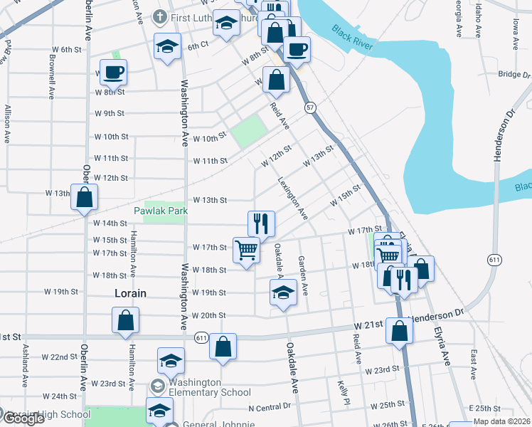 map of restaurants, bars, coffee shops, grocery stores, and more near 755 West 13th Street in Lorain